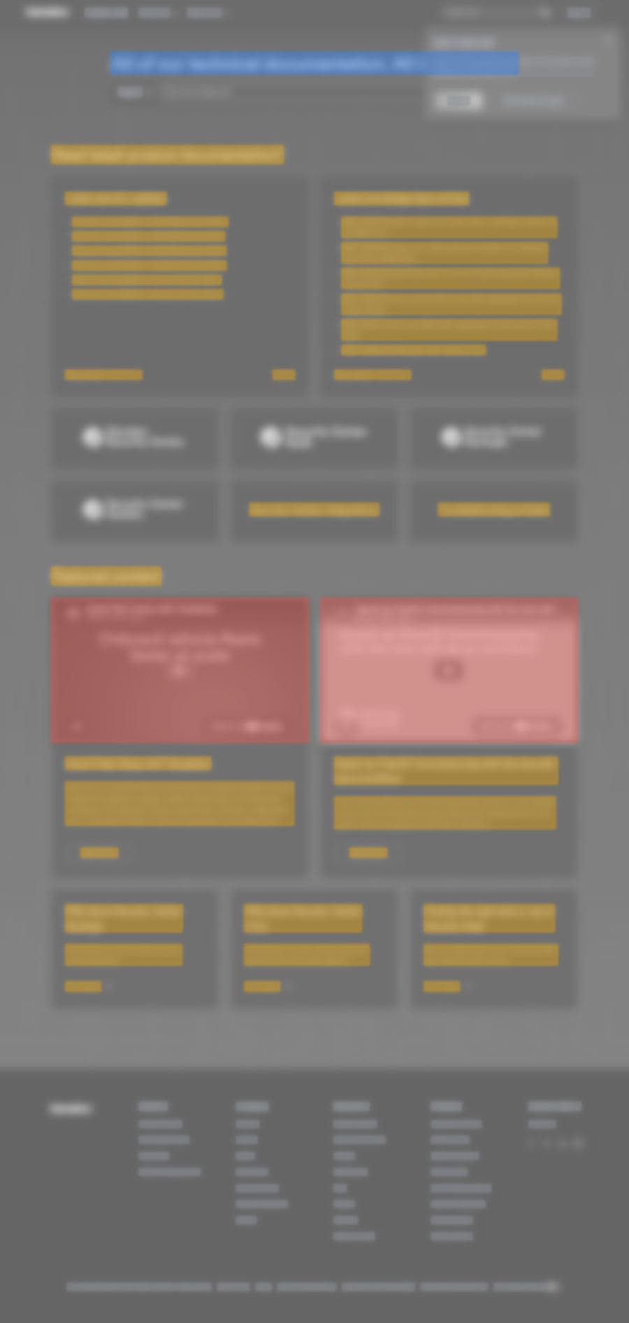 Blurred heatmap of an anonymized documentation homepage. Only the main heading reaches AI crawlers; release lists, articles and cards appear only after JavaScript runs; two embedded videos have no text equivalent.