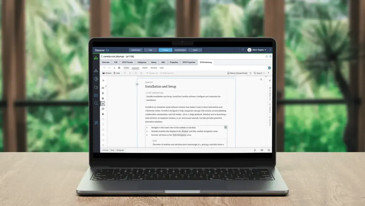 DiscoverCX CCMS editor open in a laptop — structured DITA authoring with topic tree, content map, and live preview