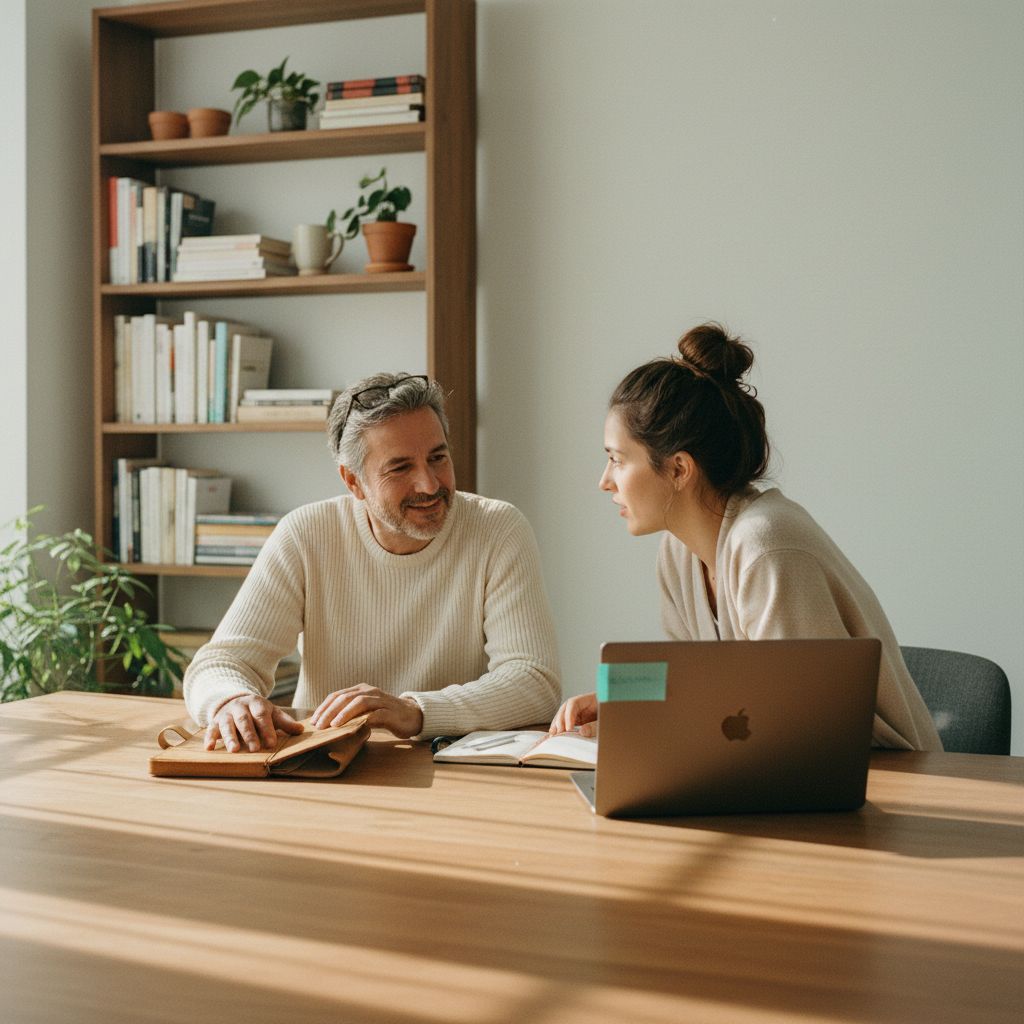 Two colleagues across a warm wooden desk mid-conversation — a senior writer with a worn leather notebook, a younger colleague with a laptop