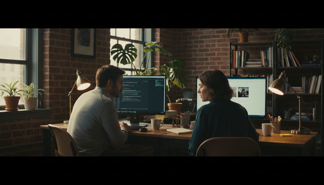 Two writers at adjacent monitors — one editing structured content, the other reviewing the rendered output