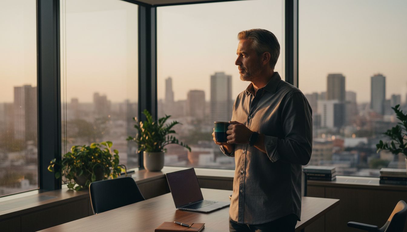 An executive at a corner-office window at golden hour, coffee in hand, mid-decision