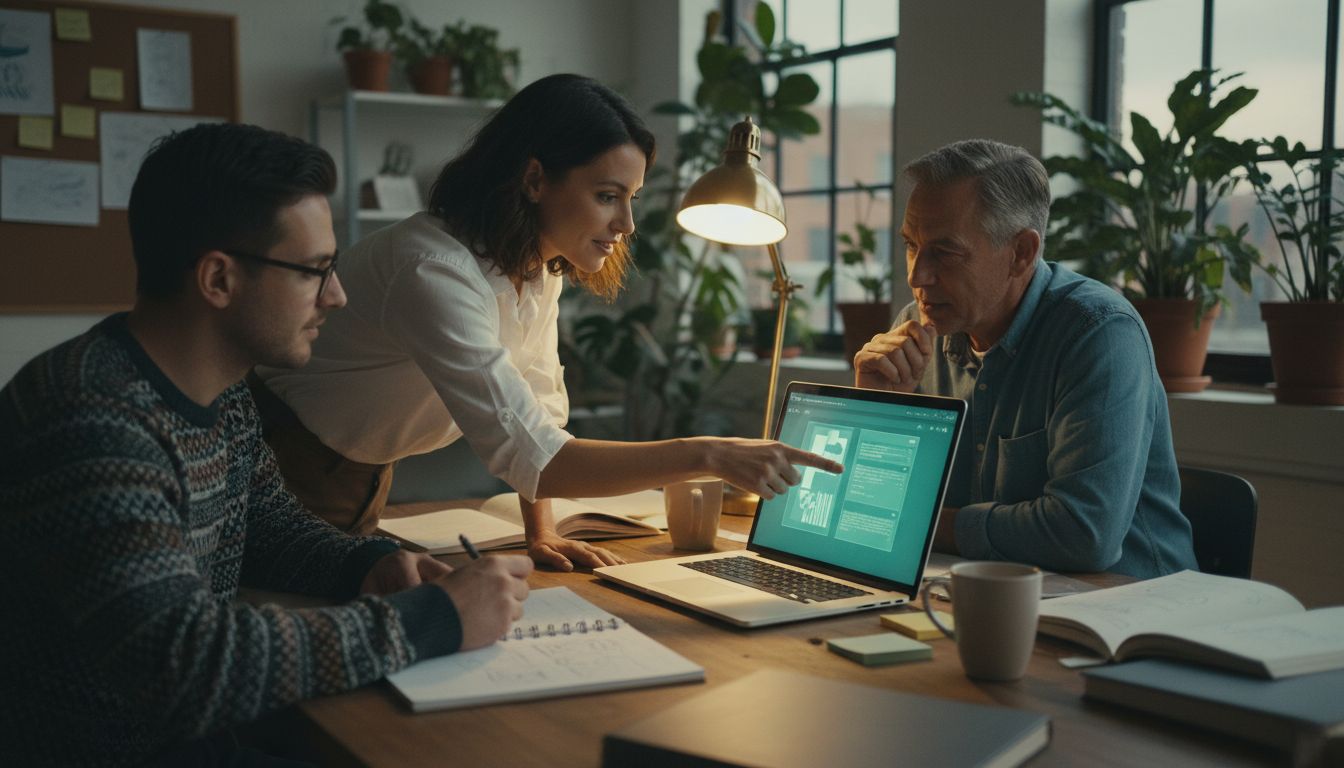 A team in a converted-loft office reviewing a portal design on a laptop together