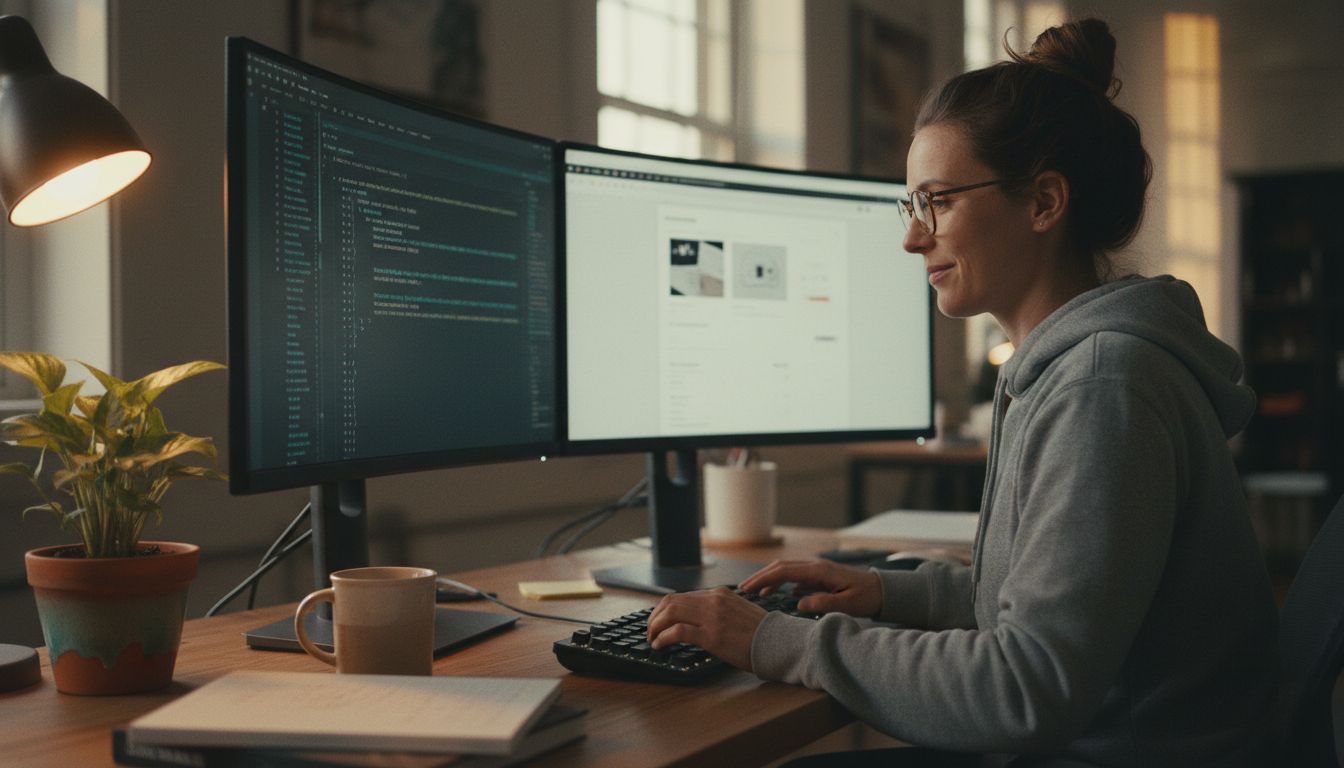 A product engineer in a hoodie at a multi-monitor setup, code on one screen and rendered preview on the other