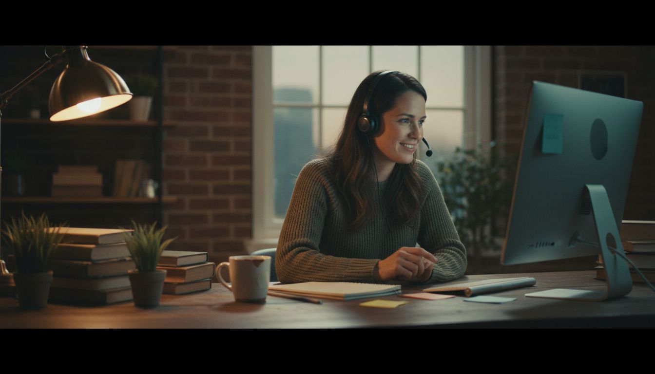 A customer success specialist in a warm home office on a headset, mid-conversation