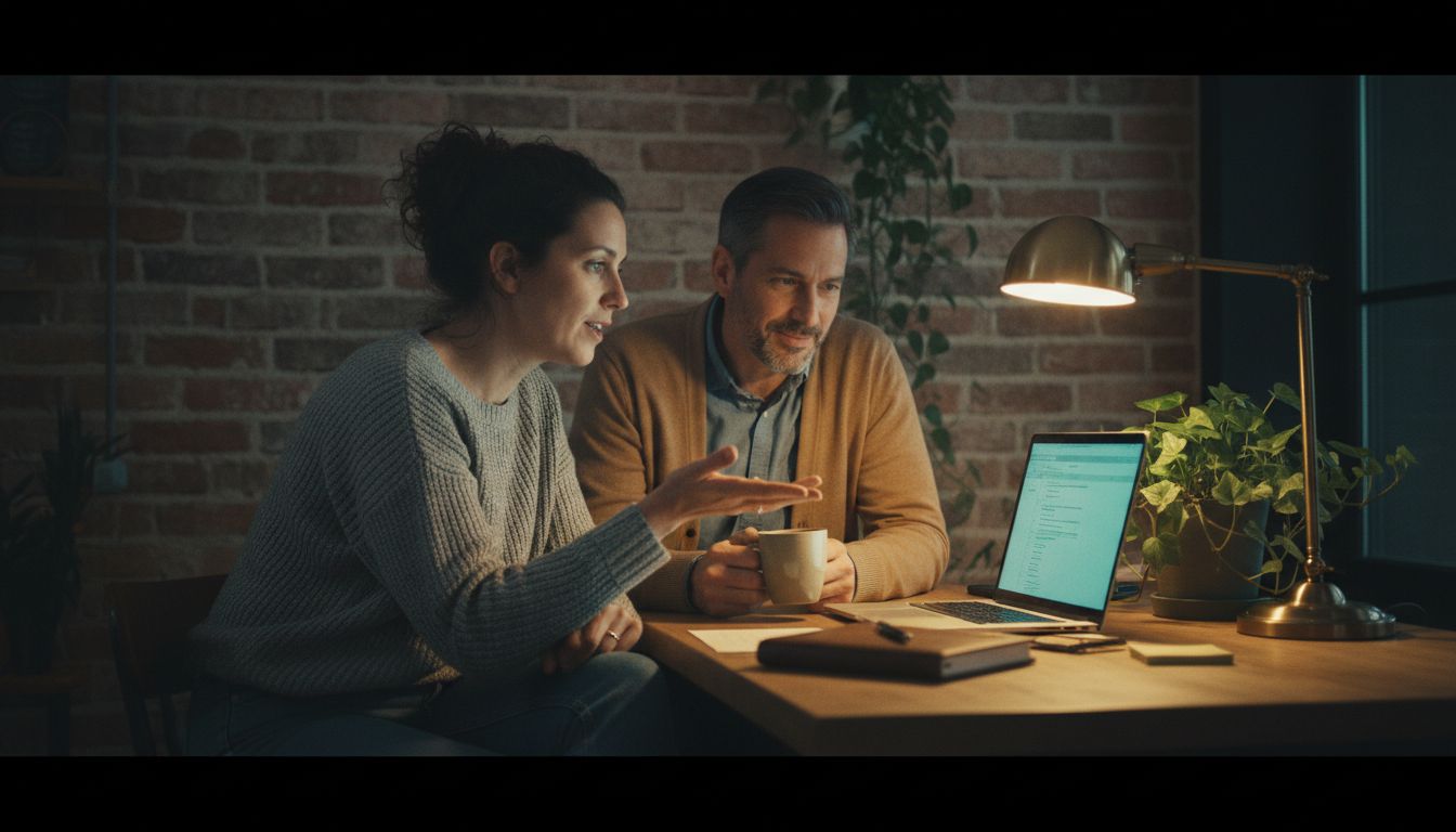 Two technical writers reviewing structured content together at a warm desk